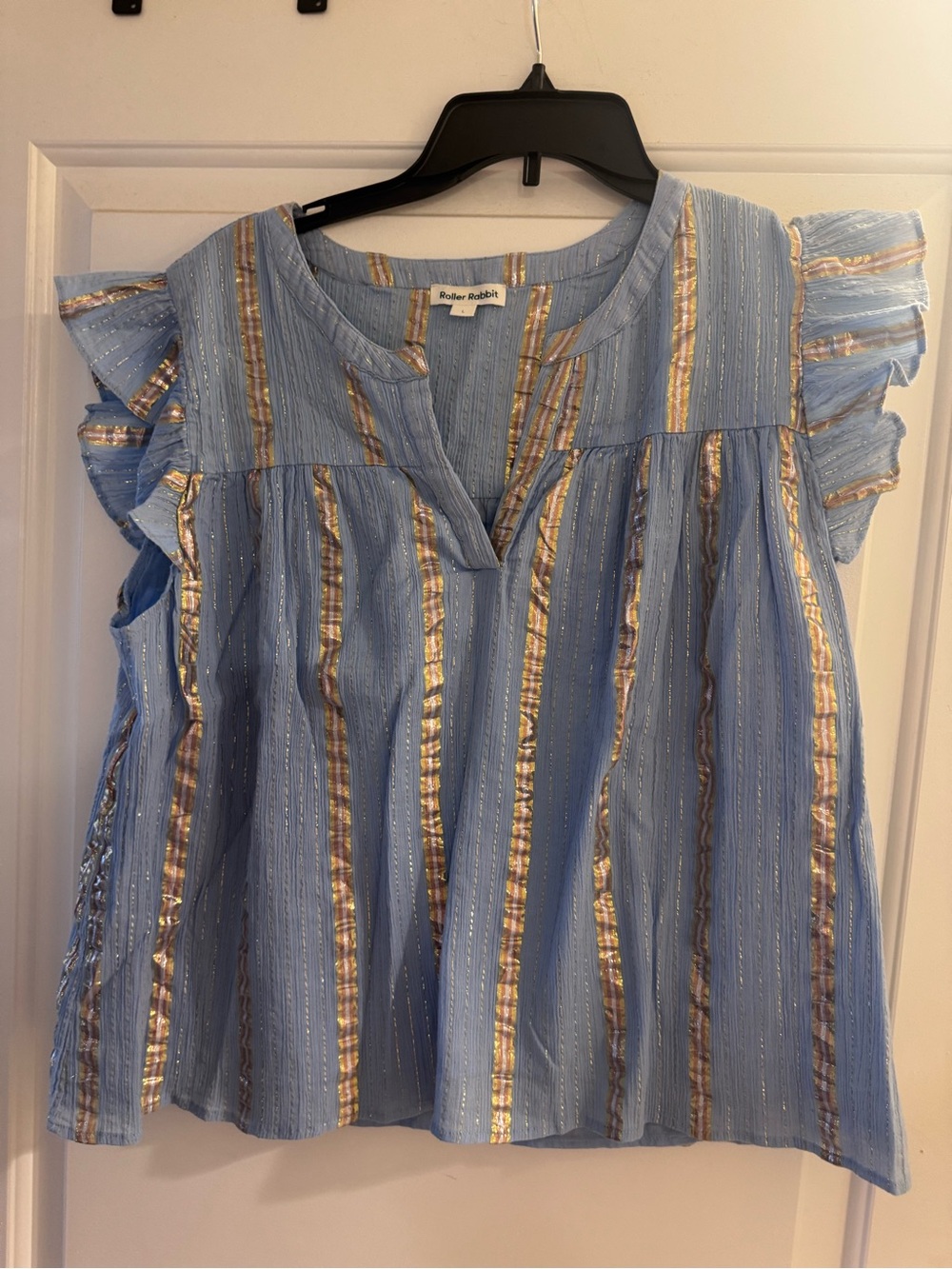 Roller Rabbit Light Blue Metallic-Striped Flutter Sleeve Top